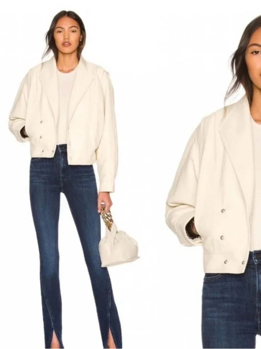 MOTHER Cream egret drunk in love Cropped Leather Jacket